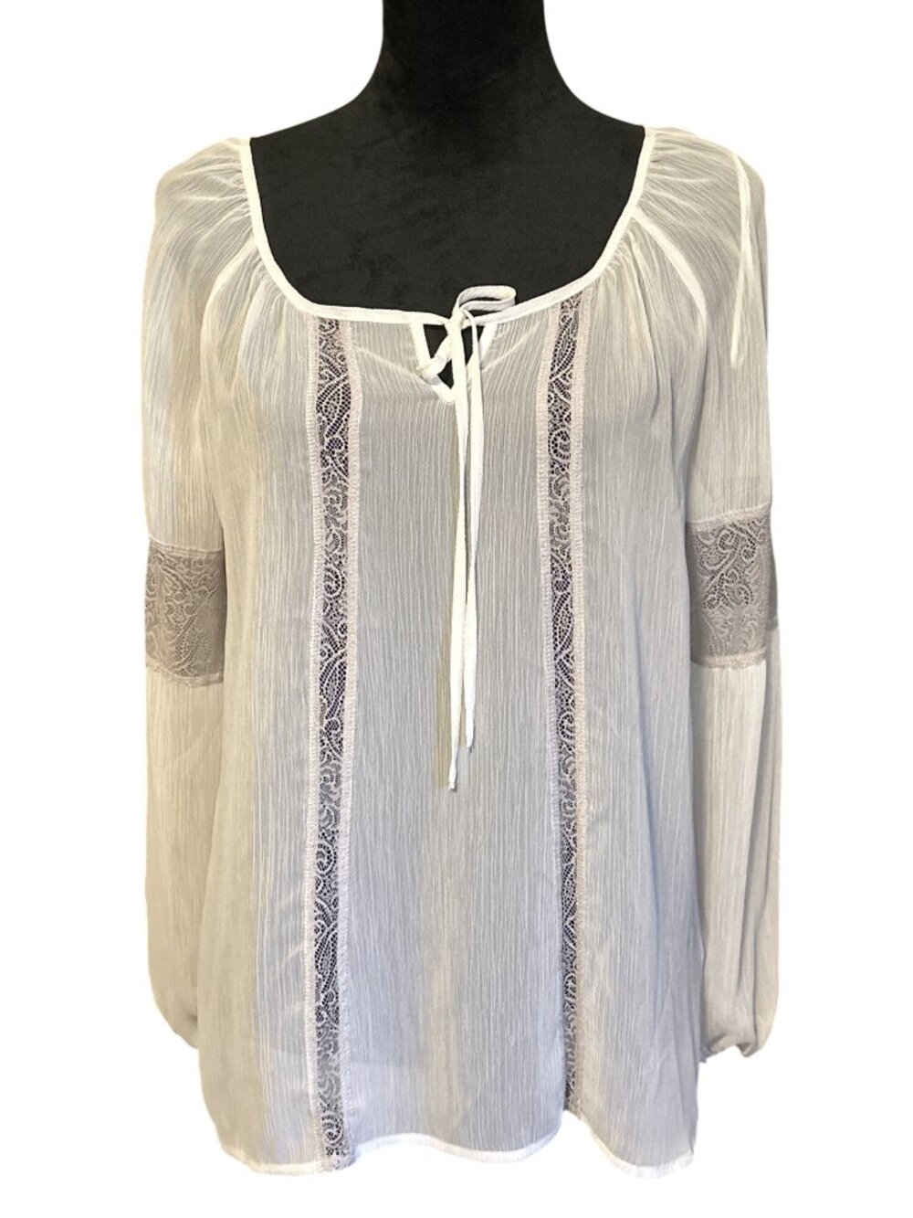 Princess Verano Womens White Peasant Blouse With Lace Panels & Tie Neck